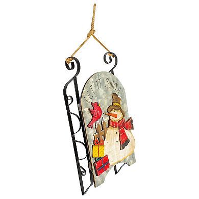 17" LED Lighted Wooden Sled with Snowman and Cardinal Christmas Decoration