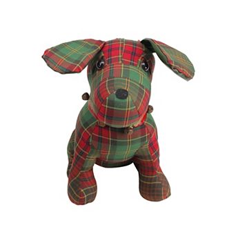 11" Red and Green Plaid Dog with Bells Christmas Decoration