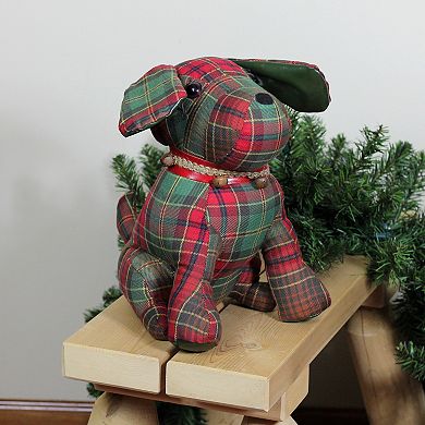 11" Red and Green Plaid Dog with Bells Christmas Decoration