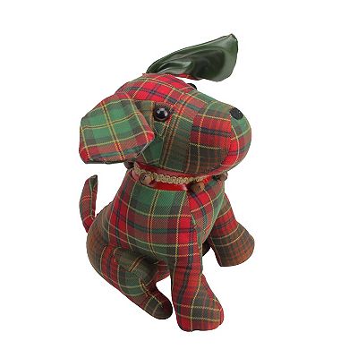 11" Red and Green Plaid Dog with Bells Christmas Decoration