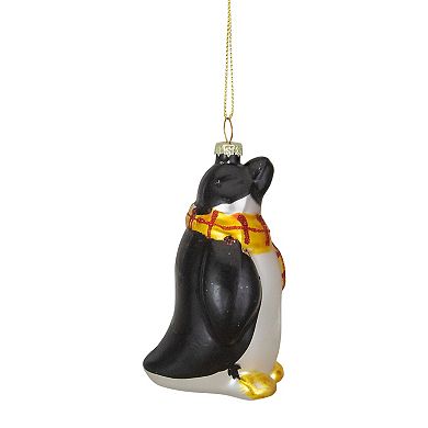 3.75" Black  White  and Yellow Glass Penguin Christmas Ornament