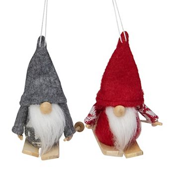 Set of 2 Gray and Red Skiing Santa Gnome Christmas Ornaments 4"