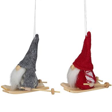 Set of 2 Gray and Red Skiing Santa Gnome Christmas Ornaments 4"