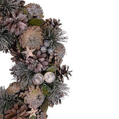 Pastel Pink Pine Cones and Stars Glittered Artificial Christmas Wreath  13-Inch  Unlit
