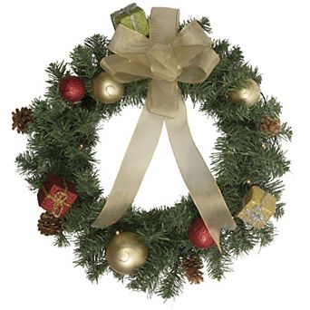 Pre-Lit Pine Cone and Gifts Artificial Christmas Wreath 24-Inch Warm Clear LED Lights
