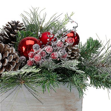 24" Mixed Pine and Red Ornaments Artificial Christmas Arrangement in Wood Planter