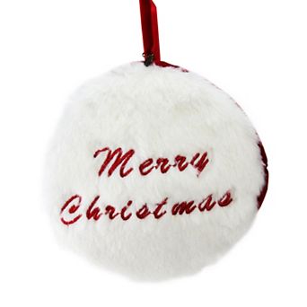 7.5" Red and White "Merry Christmas" Faux Fur Decorative Christmas Disc Ornament