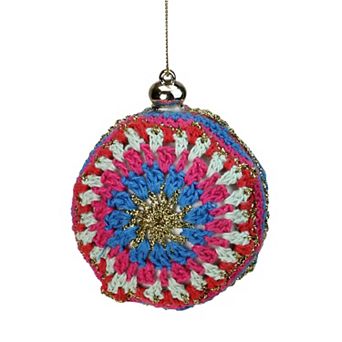 Red and Blue Knit Embroidered Hanging Christmas Ball Ornament 4" (100mm)