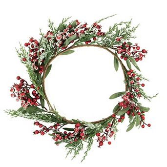 Frosted Red Berries with Leaves and Pine Artificial Christmas Wreath 18-inch Unlit