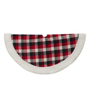 20-Inch Red Black and Ivory Plaid Mini Christmas Tree Skirt with Sherpa Trim