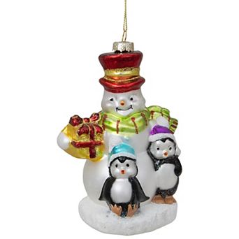 5.5" Snowman with Penguins Hanging Glass Christmas Ornament