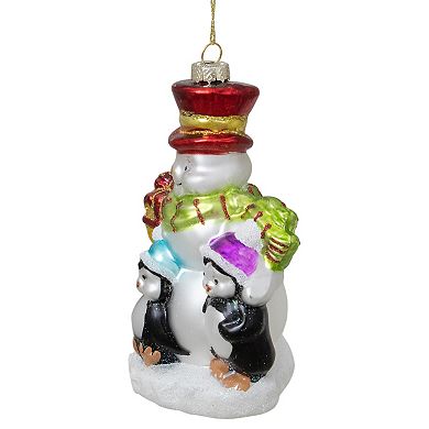 5.5" Snowman with Penguins Hanging Glass Christmas Ornament