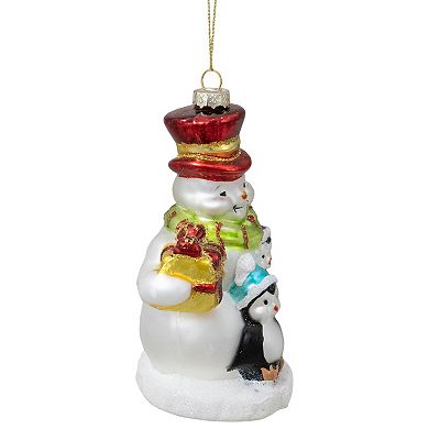 5.5" Snowman with Penguins Hanging Glass Christmas Ornament