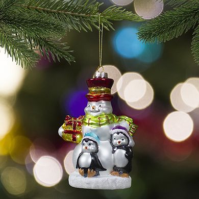 5.5" Snowman with Penguins Hanging Glass Christmas Ornament