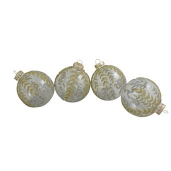 4 ct Clear and Gold Glitter Leaves Glass Christmas Ball Ornament 3.25" (80mm)