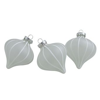 3 ct Clear and White Matte Frosted Glitter Stripes Glass Christmas Onion Drop Ornaments 3.25" (75mm)