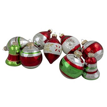 9 ct Silver and Red Striped 2-Finish Glass Christmas Ornaments 3.25"