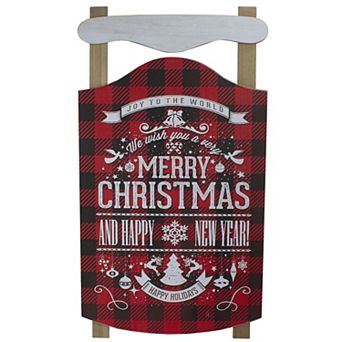 24” Red and Black Buffalo Plaid Merry Christmas Sled Wooden Hanging Wall Sign