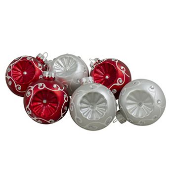 6 ct Red and Silver Retro Reflector Matte Glass Christmas Ball Ornament Set 3.25" (82mm)