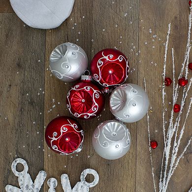 6ct Red and Silver Retro Reflector Matte Glass Christmas Ball Ornament Set 3.25" (82mm)
