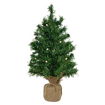 18" Pre-Lit Two-Tone Green Pine Artificial Christmas Tree in Burlap Clear LED Lights
