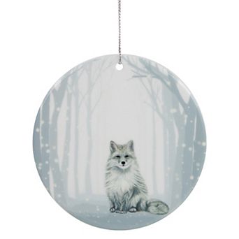 4" White and Silver Arctic Fox Porcelain Disc Christmas Ornament