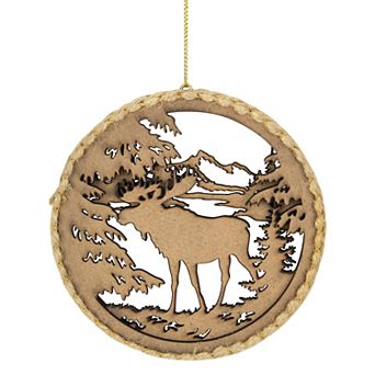 4.25 in Moose with Forest Trees Disk Christmas Ornament Brown