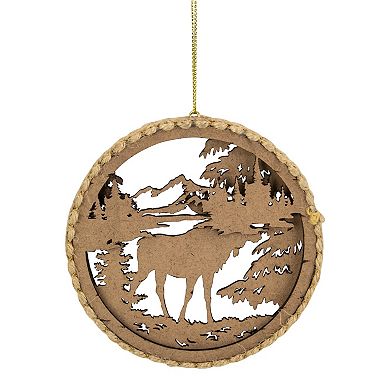 4.25 in Moose with Forest Trees Disk Christmas Ornament Brown