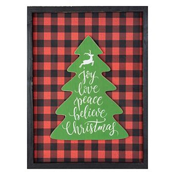 16" Red and Black Buffalo Plaid Christmas Tree Shadow Box Wall Plaque