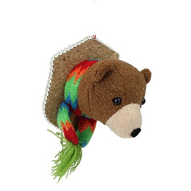 5" Brown and Green Stuffed Bear Head Christmas Ornament