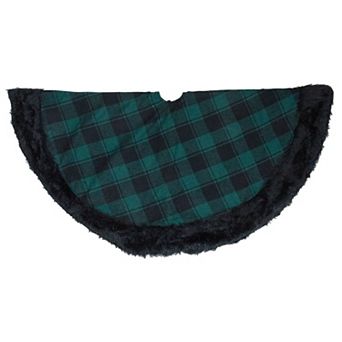 48" Green and Black Plaid Christmas Tree Skirt with Faux Fur