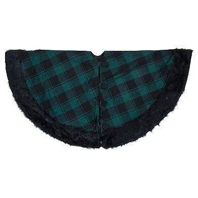 48" Green and Black Plaid Christmas Tree Skirt with Faux Fur