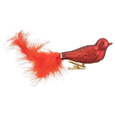 5.5" Red Bird with Feather Tail Glass Clip On Christmas Ornament
