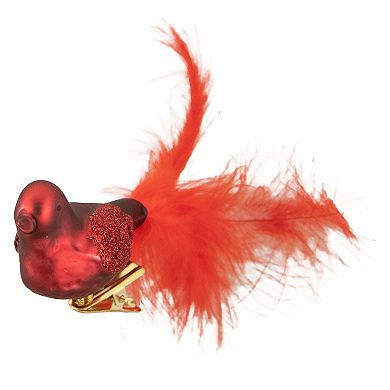 5.5" Red Bird with Feather Tail Glass Clip On Christmas Ornament