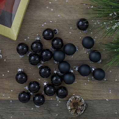 24ct Shiny and Matte Black Glass Ball Christmas Ornaments 1" (25mm)