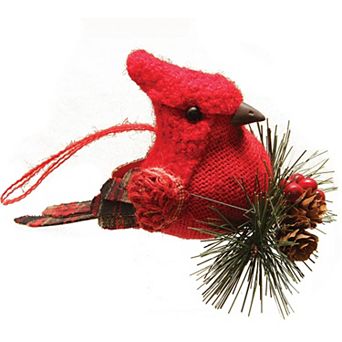 6.5" Red Burlap Cardinal with Pine Needles and Berries Christmas Ornament