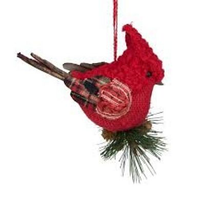 6.5" Red Burlap Cardinal with Pine Needles and Berries Christmas Ornament