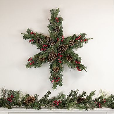 32" Pre-Lit Artificial Mixed Pine and Berries Christmas Snowflake Wreath