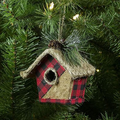 5.75" Red and Black Buffalo Plaid Hanging Bird House Christmas Ornament