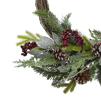 Icy Winter Foliage and Plaid Bow Artificial Christmas Twig Wreath  23 inch  Unlit
