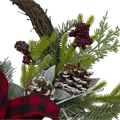 Icy Winter Foliage and Plaid Bow Artificial Christmas Twig Wreath  23 inch  Unlit