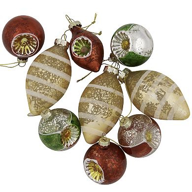 9ct Silver and Red Retro Reflector Glittered 2-Finish Glass Christmas Ornaments 3.5"