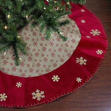 60" Burlap Glittered Snowflake Rustic Christmas Tree Skirt with Red Velvet Trim