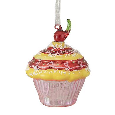 3" Red and Yellow Cupcake with Cherry Glass Christmas Ornament