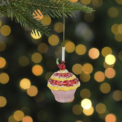 3" Red and Yellow Cupcake with Cherry Glass Christmas Ornament