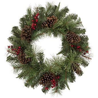 24" Pre-Lit Artificial Mixed Pine and Berries Christmas Wreath
