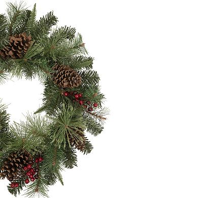 24" Pre-Lit Artificial Mixed Pine and Berries Christmas Wreath