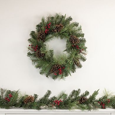 24" Pre-Lit Artificial Mixed Pine and Berries Christmas Wreath