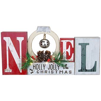 13" LED Lighted Noel Holly Jolly Christmas Sign with Jingle Bell
