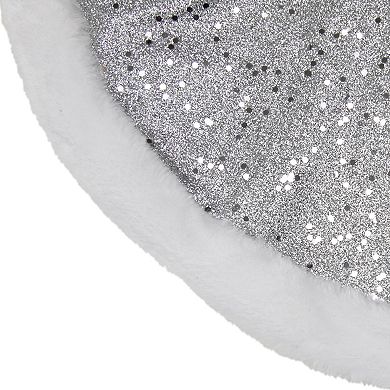 20" Silver Glittered Mini Christmas Tree Skirt with Faux Fur Trim